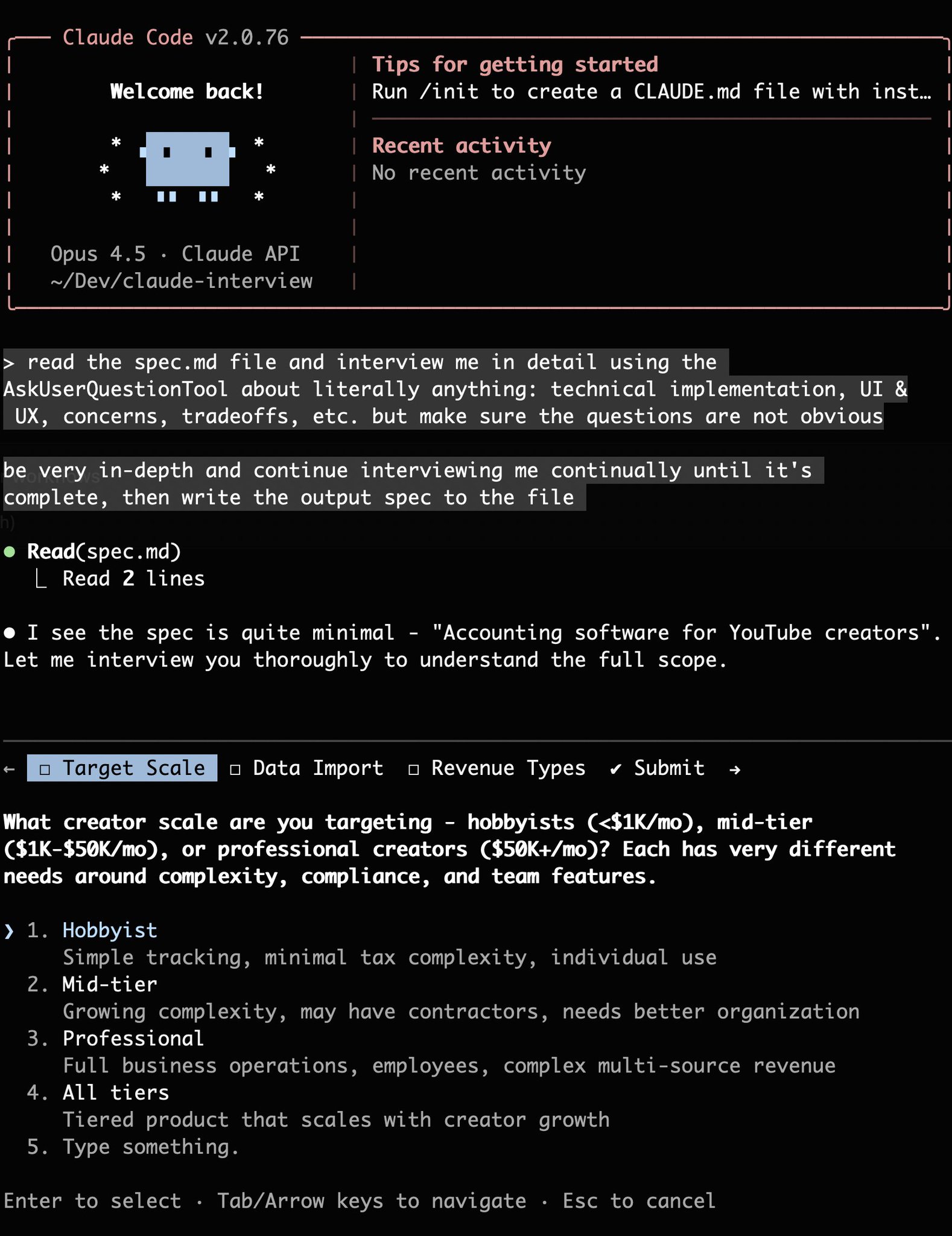 Claude AskUserQuestionTool Session Example